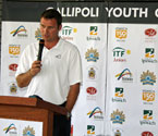 Mark Handley from Tennis Australia giving a speech at the launch of the Gallipoli Youth Cup in Ipswich, Qld