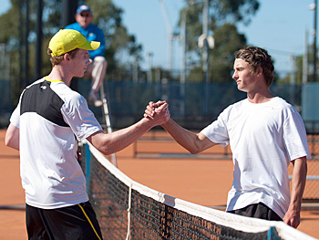 Jake Delaney (L) shakes hands with Cormac Clissold after winning the final of the Gallipoli Youth Cup at Melbourne Park; (Photo credit: Elizabeth Xue-Bai)