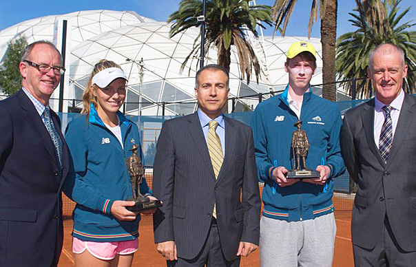 (L-R) Michael Annett, CEO RSL Victoria, competitor Maddison Inglis (WA), Consul General for the Republic of Turkey Mehmet Apak, competitor Jake Delaney (NSW) and former Australian player and Davis Cup Captain John Fitzgerald with the Gallipoli Youth Cup trophies, which include sand from Gallipoli. (Photo credit: Elizabeth Xue Bai)